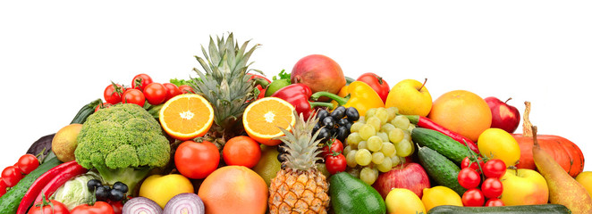 Useful tasty vegetables, fruits and berries isolated on white background.