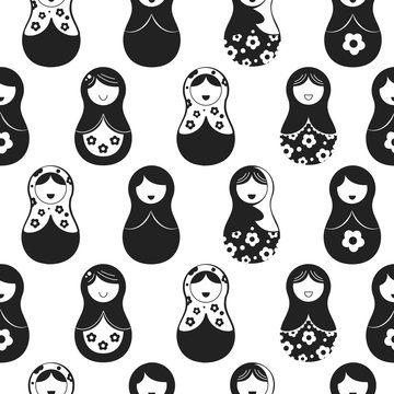 Nested doll seamless abstraction pattern. Russian doll - Matrioshka. Black and white nested doll Matrioshka illustration. 