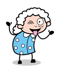 Teasing with Tongue Out - Old Cartoon Granny Vector Illustration