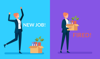 Business woman office worker character find new job and lost. Being hired and fired concept. Vector design graphic flat cartoon isolated illustration
