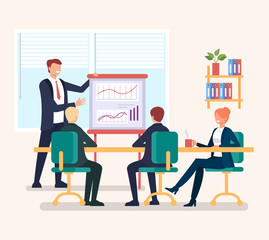 Group of people businessmen office workers discussion new project strategy. Successful business planning concept. Vector flat cartoon graphic design illustration