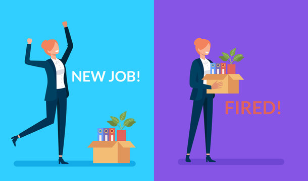 Business Woman Office Worker Character Find New Job And Lost. Being Hired And Fired Concept. Vector Design Graphic Flat Cartoon Isolated Illustration