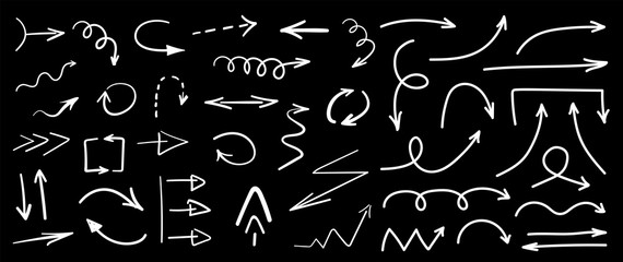 Set of white grunge hand drawn arrows isolated on black. Vector illustration