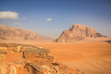 Fototapeta na wymiar Wadi Rum Jordanian Middle East desert picturesque scenery landscape photography from high steep rock cliff 