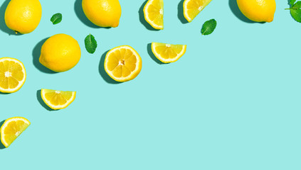 Fresh lemon pattern on a bright color background flat lay