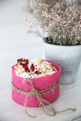 on a white table Easter cake with milk