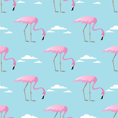 Abstract vector Seamless summer tropical pattern with flamingo and clouds