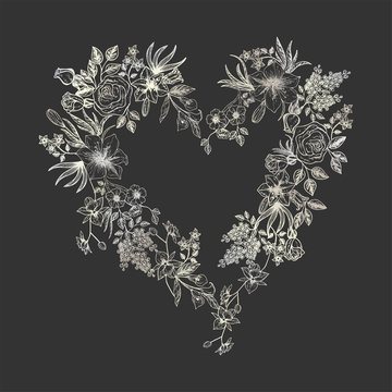Beautiful heart with flowers. Vector illustration.