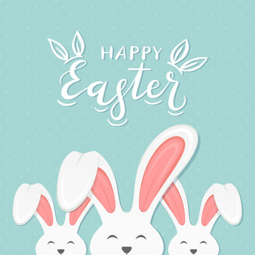 Blue Background with Text Happy Easter and Bunny Ears