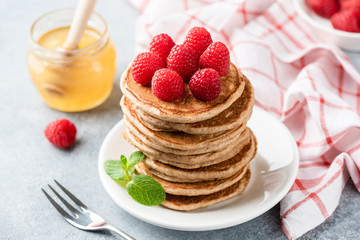Healthy Pancakes With Raspberries. Whole Wheat Buckwheat Pancakes