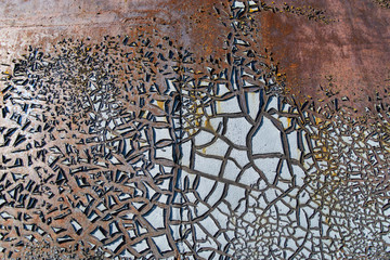 Texture of old paint white and red on rusty iron