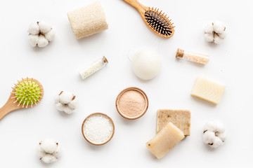 Eco-friendly cosmetics and zero waste set for spa on white background top view