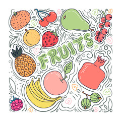 Pattern of colorful fruits and berries in the style of Doodle: Apple, pear, cherry, tangerine, apricot, strawberry, currant, pineapple, pomegranate, Apple, banana, raspberry, gooseberry