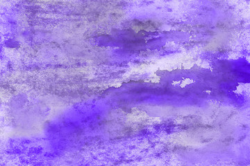 Violet watercolor abstract background with waves and strokes on white paper background. Trendy look. Chaotic abstract organic design.