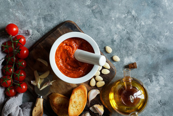 Romesco sauce, typical from Catalonia, Spain. Prepared with nora peppers, almonds, hazelnuts, garlic and tomato.