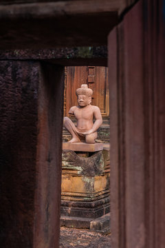 A restored statue in the Banteay Srei Temple, Siem Reap, Cambodia