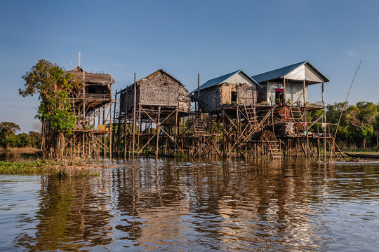Traditional stilt houses in a fishermen village near Tonle Sap Lake, Cambodia