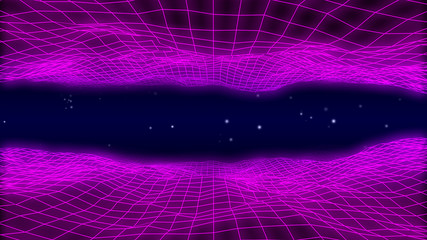 Retro 1980s synthwave glowing neon lights landscape tunnel