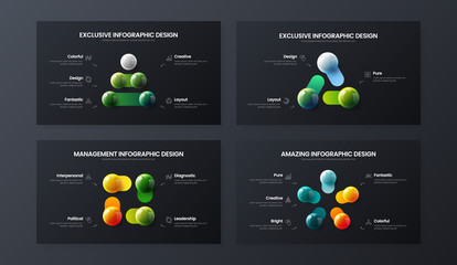 Amazing 3, 4, 5 step marketing analytics presentation vector illustration template bundle. Business data visualization design collection layout. Colorful 3D balls corporate statistics infographic set.
