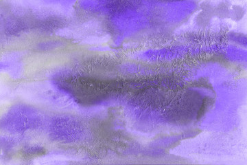 Violet watercolor abstract background with waves and strokes on white paper background. Trendy look. Chaotic abstract organic design.