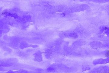 Violet watercolor abstract background with waves and strokes on white paper background. Trendy look. Chaotic abstract organic design.