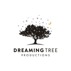 Obraz premium Oak Maple Beech Tree at night silhouette with stars and crescent moon logo design