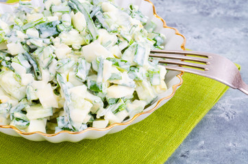 Light dietary egg salad with spring greens, yoghurt dressing.