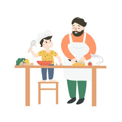 Father and son cook at the table. Man chef teaches to cook a boy. The family prepares Breakfast together. Vector illustration.