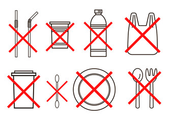 Set of vector objects made of plastic such as disposable plastic plate, cup, cocktail tubes, fork, package, spoon, cotton swab, crossed out with a red cross. 