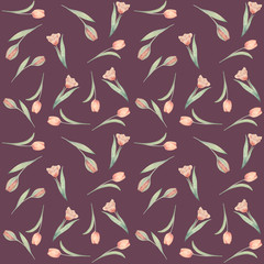 Seamless pattern hand-drawn watercolor. Spring pink tulips