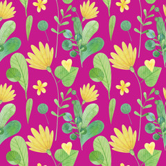 seamless pattern with cute watercolor illustration of stylized flowers.