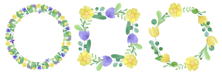set of hand-drawn watercolor frames of stylized flowers