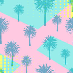 Fototapeta na wymiar Hand drawn palm trees pattern isolated on abstract geometric background. Pop art design