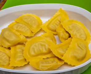 Fresh Ravioli Pasta in a White Casserole