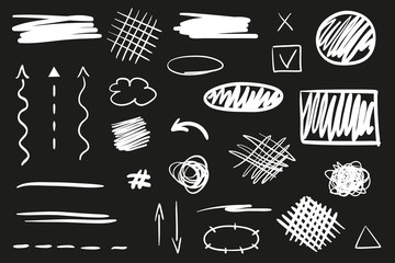 Hand drawn infographic elements on black. Abstract white geometric shapes. Line art. Set of different pointers. Black and white illustration