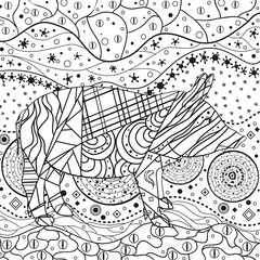 Monochrome wallpaper with ornate pig. Hand drawn waved ornaments on white. Abstract patterns on isolated background. Design for spiritual relaxation for adults. Line art. Black and white illustration