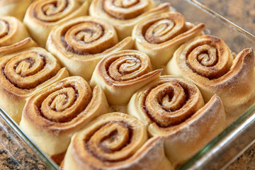 Baking Dish Full of Homemade Cinnamon Rolls