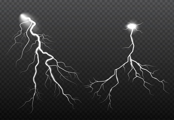 Set of lightning and thunder bolt, storm and lightnings glow effects. Magic and bright sparkle.