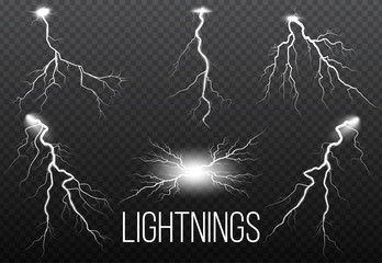 Set of lightning and thunder bolt, storm and lightnings glow effects. Magic and bright sparkle.