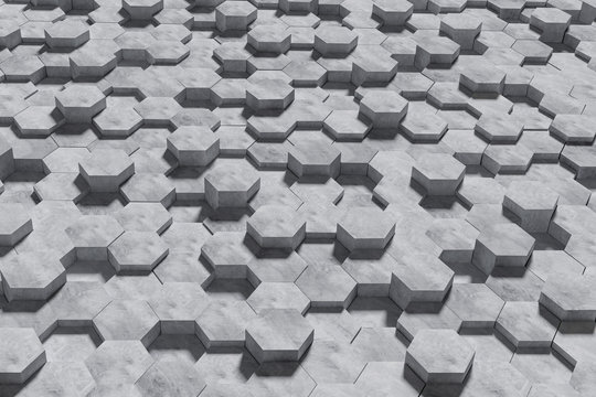 Hexagon Shaped Concrete Blocks Wall Background. Perspective View. 3D Illustration.
