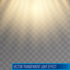Sunshine rays. Yellow sun rays. Warm orange flare. Glaring effect with transparency. Abstract glowing light background. Vector illustration