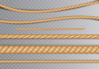 Set of realistic different ropes for decoration and covering on a transparent background. vector illustration.