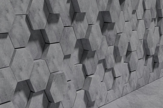Hexagon Shaped Concrete Blocks Wall Background. Perspective View. 3D Illustration.