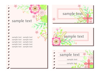 ピンクの花と植物のカードのセット
