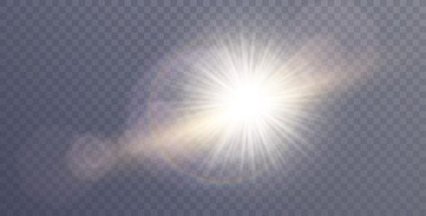 Vector sunlight special lens flare light effect. Sun flash shining with rays and spotlight. Flares and gleams rounded and hexagonal shapes. Isolated on transparent background