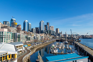 Seattle, WA - March 2019: Downtown Seattle seen from the Bell Street Pier Rooftop Deck.