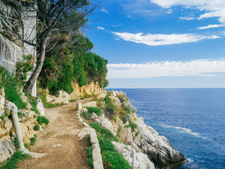 Natural trail along the Douaniers path around Cape Ferrat with Mediterranean flora, France...