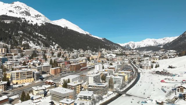Aerial view of Davos city and Swiss Alps, Grisons, Switzerland