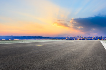Asphalt highway passing through the city above in Hangzhou at sunset
