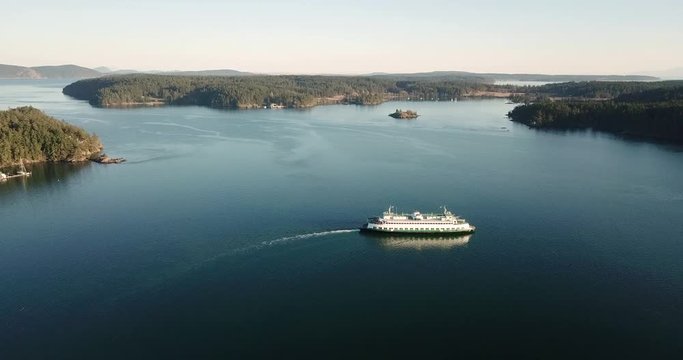 Aerial View San Juan Ferry pulling out into Puget Sound